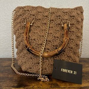 NEW Forever 21 Small Crochet Tote Bag/Crossbody Brown Gold Tan Bamboo Handles